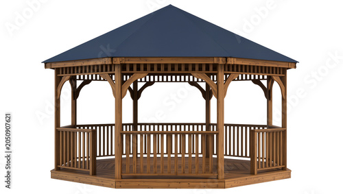 Canvastavla Wooden octagonal gazebo with blue roof and railing