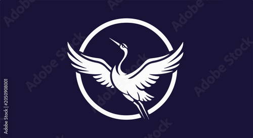 White crane with open wings within a white circle on dark blue
