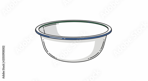 White enamel bowl with blue and green rim, isolated on white