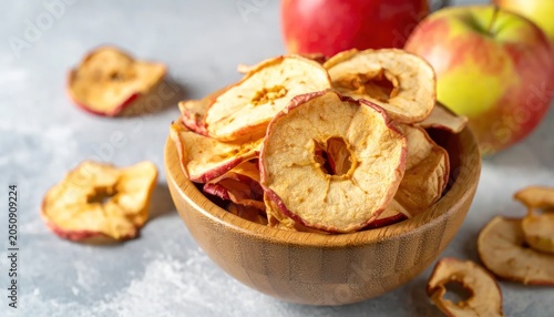 Crispy Dried Apple Slices Arranged in Wooden Bowl on Light Kitchen Surface