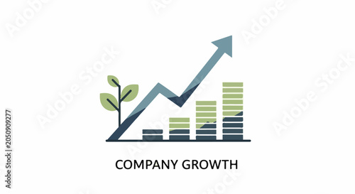 Stylized illustration of a growing business plant with coin stacks and upward arrow