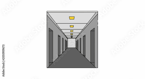 Dimly lit, long, gray hallway with multiple doors and overhead lights