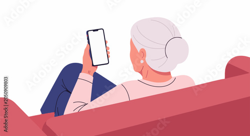 Elderly person relaxing on couch, holding a smartphone