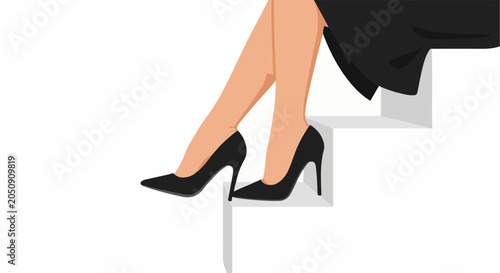 Elegant legs in black high heels on a white staircase