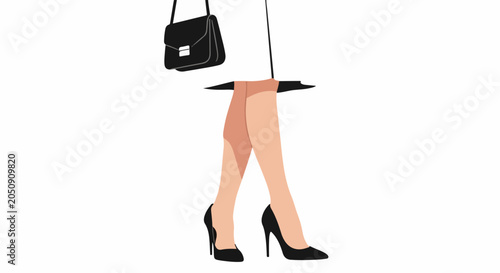 Elegant legs in black heels walk with a fashionable handbag