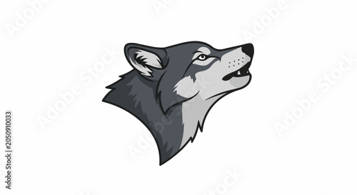 Fierce gray wolf head in profile, looking upwards and howling