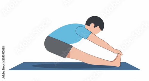 Figure performing seated forward bend stretch on a blue mat
