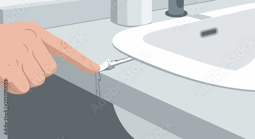 Finger peels white tape from edge of bathroom counter near sink