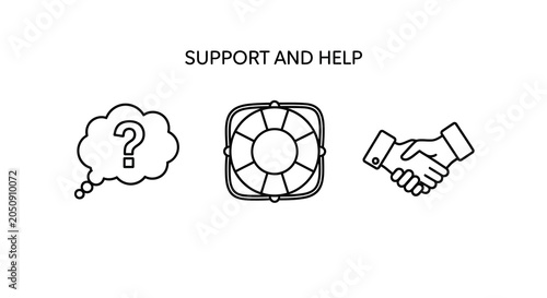 Support Icons Question Mark Life Preserver And Handshake In Line Style