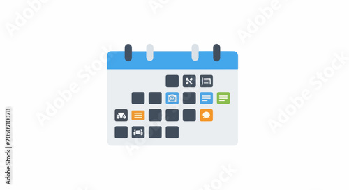 Flat calendar icon with small colorful activity icons representing different events