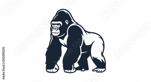 Stylized depiction of a powerful gorilla standing on a white background