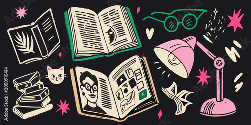 Fotografie Open books spectacles and a cat in a colorful vector illustration