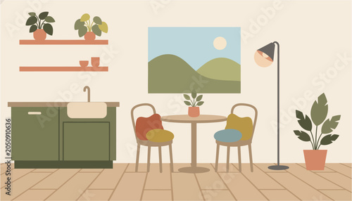 Bild auf Leinwand Cozy Apartment Interior with Dining Table and Kitchenette Illuminated by Warm Na