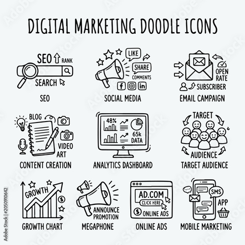 Digital marketing doodle icons for online business strategy