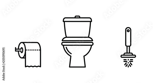 Toilet toilet paper and brush line icons on a white background