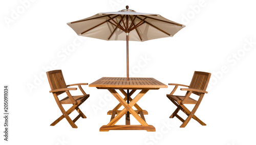 Wooden patio table and chairs with umbrella