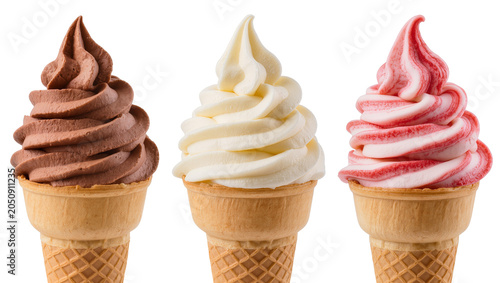 Quadro su tela Three soft serve ice cream cones chocolate vanilla, and strawberry swirl