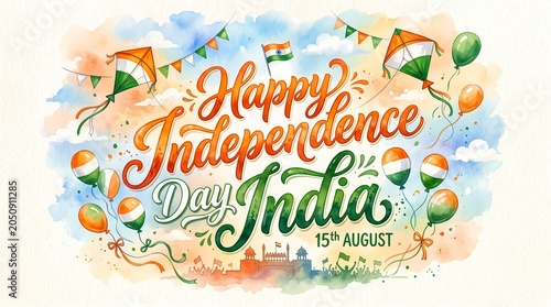 Celebratory Hand-lettered Greeting for Indian Independence Day Featuring Festive Kites Balloons and Tricolor Graphics