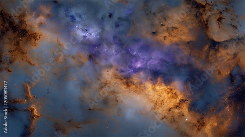 Ethereal purple and gold cosmic nebula with vast clouds of interstellar dust