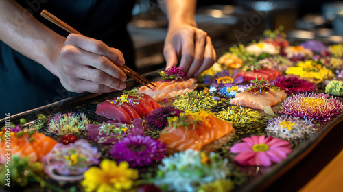 A chef uses chopsticks to arrange a vibrant tray of sashimi surrounded by abundant edible flowers and microgreens in a strikingly colorful display