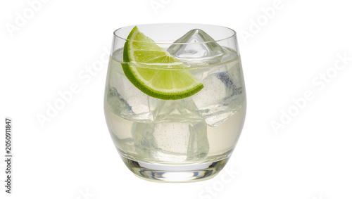 Clear cocktail with ice cubes and lime slice in glass