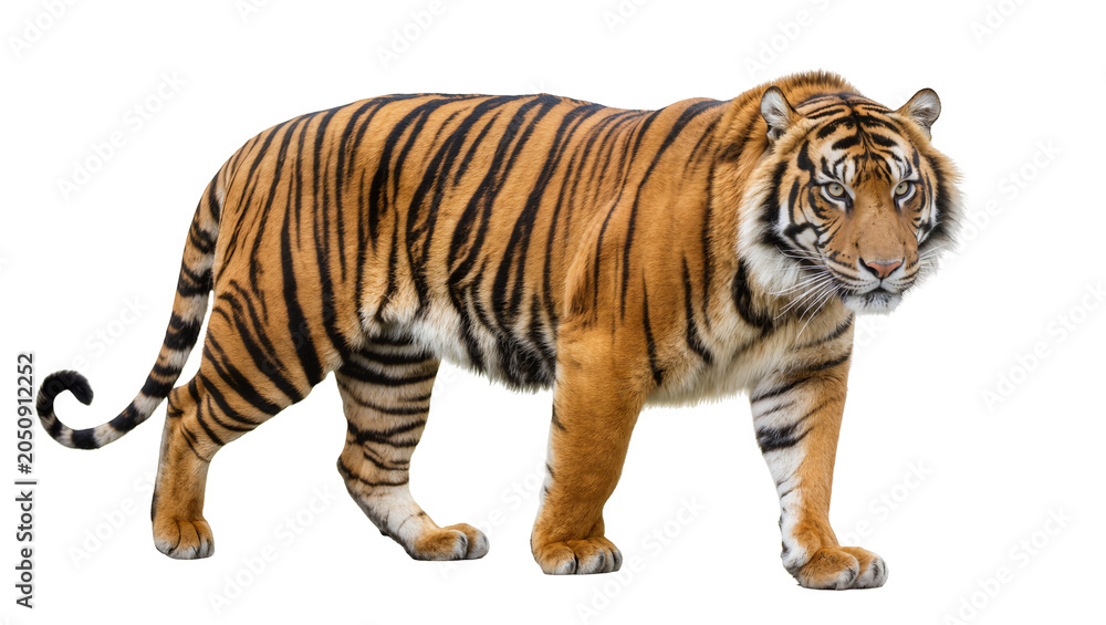 Obraz premium Bengal tiger walking full body, orange and black stripes