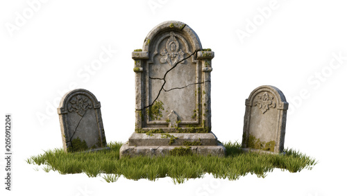 Obraz na płótnie Cracked weathered tombstones with moss and grass
