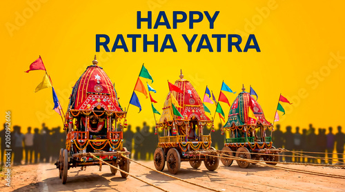 Vibrant Happy Ratha Yatra Festival Procession with Traditional Chariots Celebrating a Joyous Cultural Hindu Spiritual Religious Event
