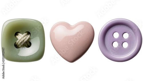 Three sewing buttons square green with cross stitch pink heart, round purple