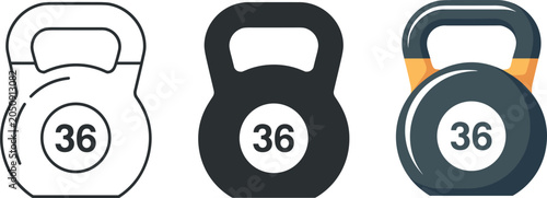 Foto Set of kettlebell weight icons with number thirty six featuring outline, solid b