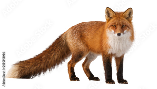 Foto Red fox standing with bushy tail and white chest