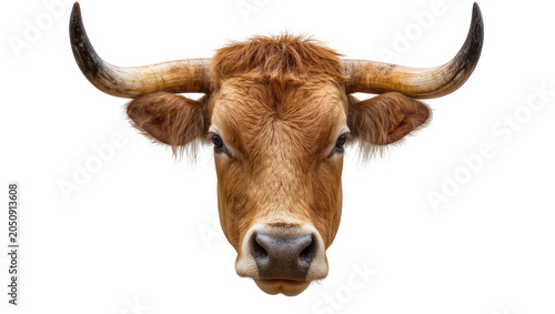 Tableau sur toile Brown cow head with large curved horns and shaggy fur