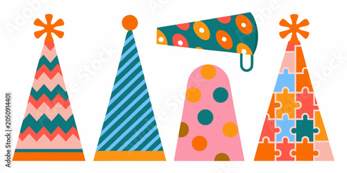 Quadro su tela Party Hats Vector Illustration With Polka Dots And Chevron Patterns