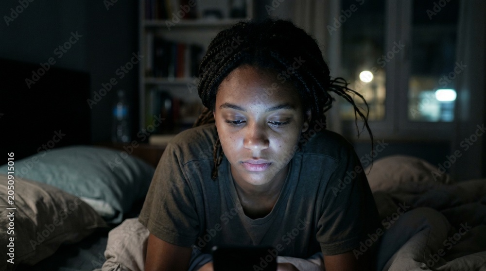 Fototapeta premium Young black woman using smartphone in dark bedroom at night. Screen light illuminating face of female browsing social media, texting or reading news before sleep. Insomnia concept.