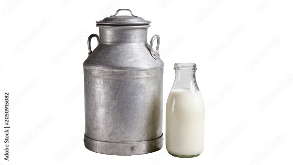 Fototapeta premium Vintage metal milk can and glass bottle filled with milk