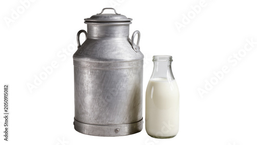 Vintage metal milk can and glass bottle filled with milk