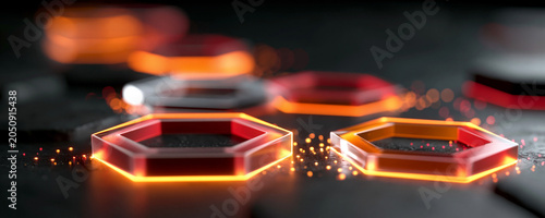 Abstract tech background with interconnected hexagons and luminous effects, representing data networks and technological growth, with ample copy space.