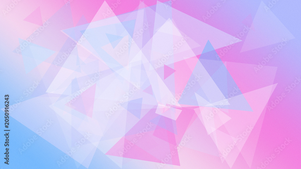 Obraz premium Translucent geometric triangles drift over a pastel blue and pink gradient, offering a joyful modern mood for event promotions, greeting cards, and web banners with copy space.