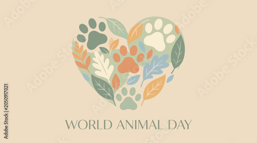 Cuadro en lienzo World Animal Day Illustration with Paw Prints and Leaves in Heart Shape on Neutr