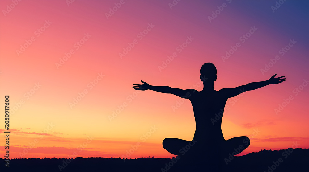 Fototapeta premium Freedom and mindfulness concept with human silhouette practicing yoga at dawn