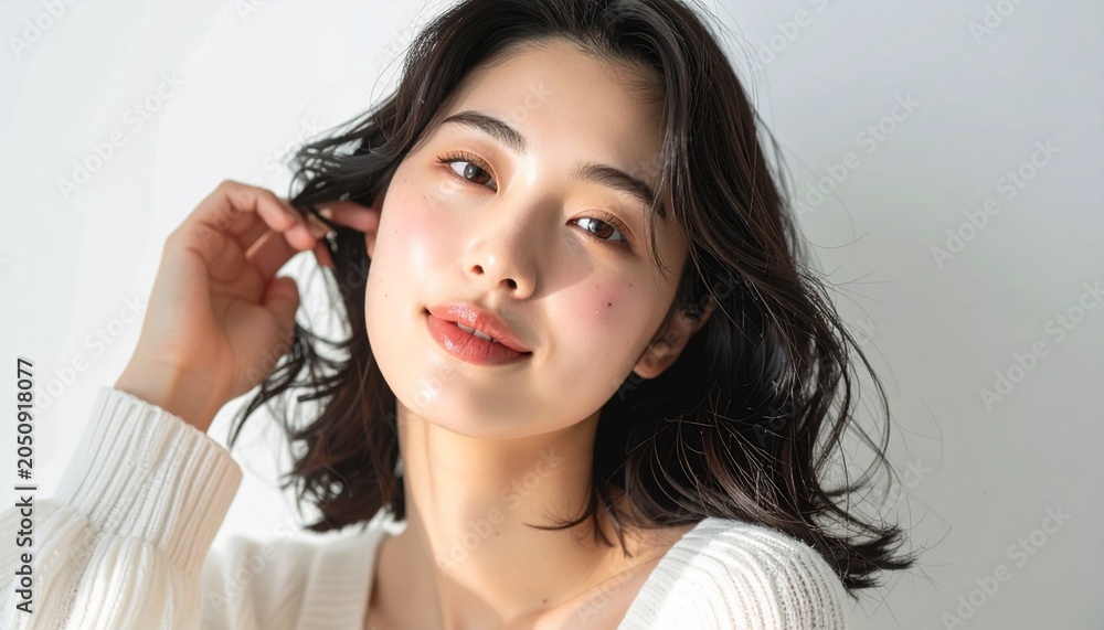 Fototapeta premium 清楚で可愛らしい日本人女性の美容ポートレート 白背景のナチュラルスキンケアイメージ