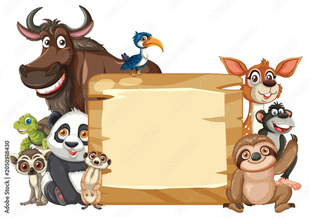 Fototapeta premium Cartoon Wild Animals Surrounding Blank Wooden Signboard