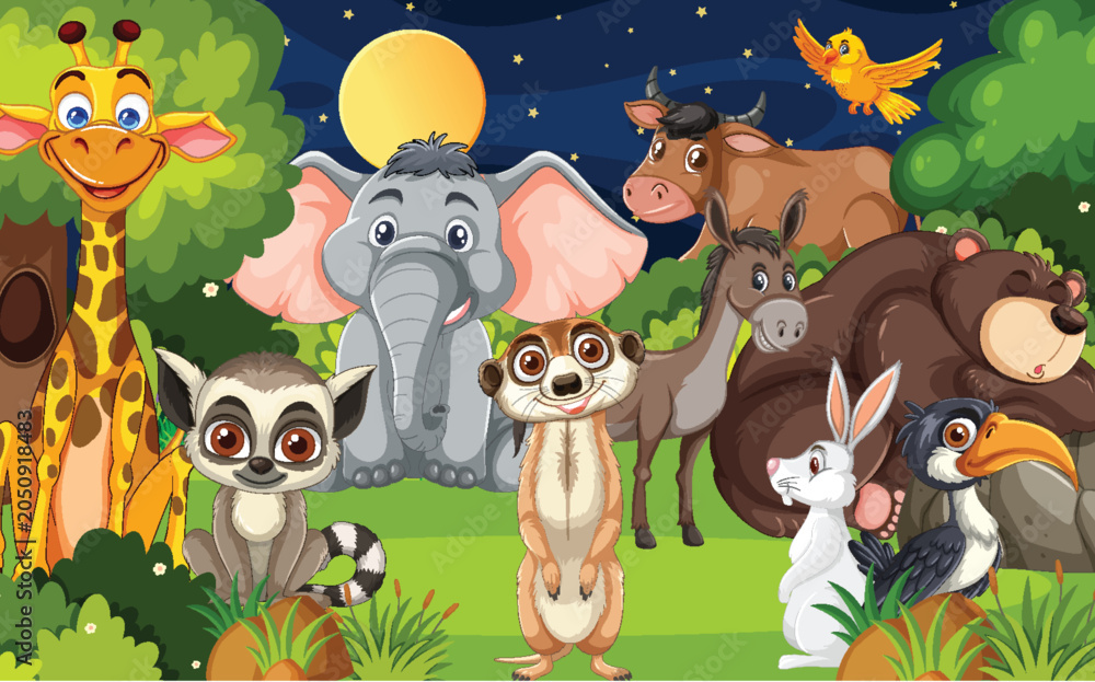 Fototapeta premium Cartoon Wild Animals Gathered in Nighttime Forest Scene