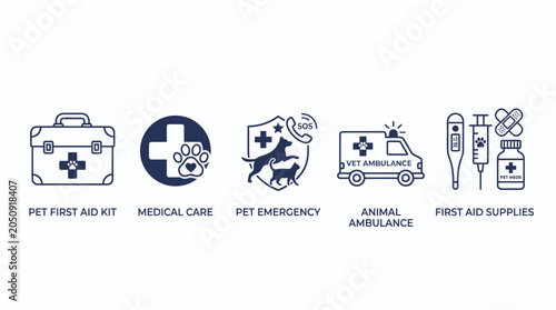 Pet emergency medical care and animal ambulance service icons.