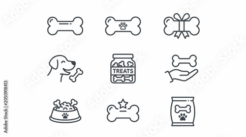 Pet feeding and dog treat icon set line art.
