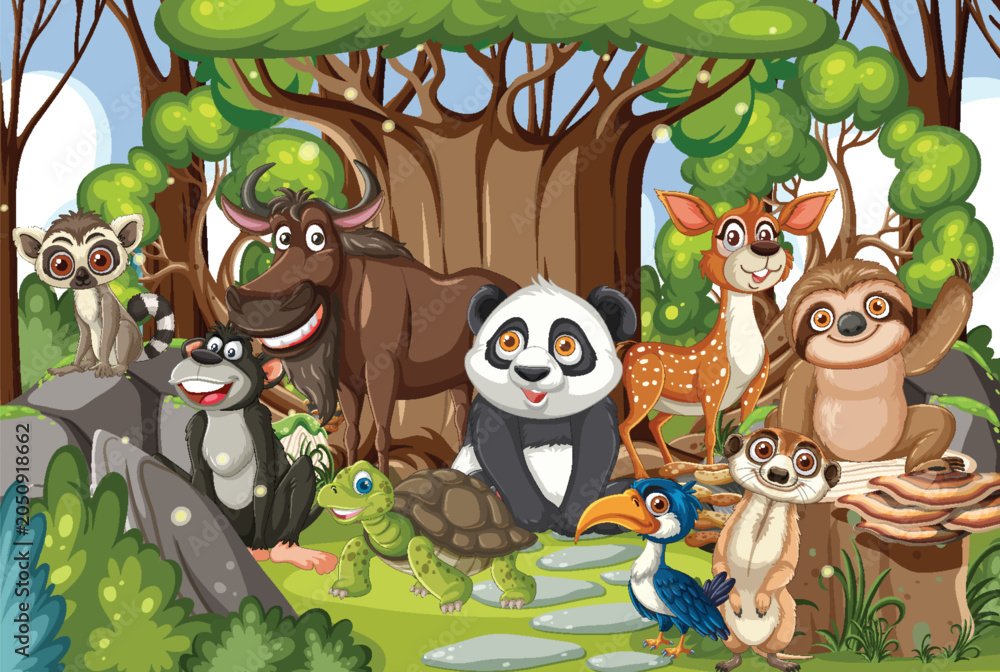 Fototapeta premium Cartoon Wild Animals Gathering in Forest Clearing