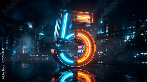 Neon glowing number 5 in a dark futuristic cyberpunk city environment with wet reflective ground and cinematic lighting