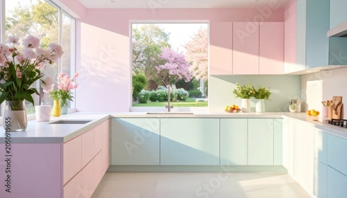 Bright Pastel Modern Kitchen Filled with Sunlight and Fresh Flowers by Garden Window