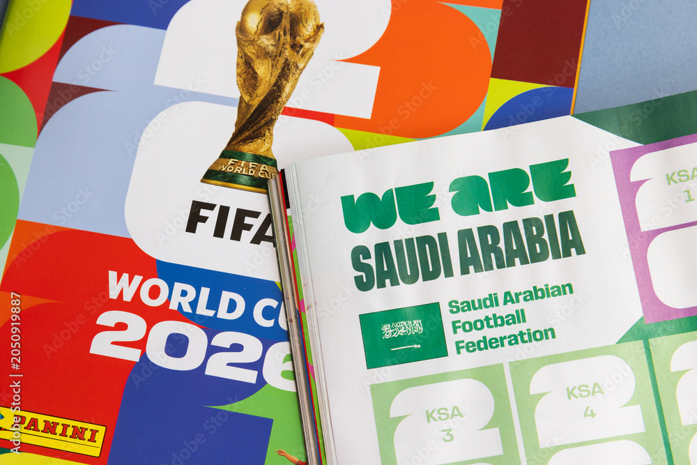 Naklejka premium LONDON, UK - JUNE 2026: Saudi Arabia team page with flag in the 2026 world cup sticker book
