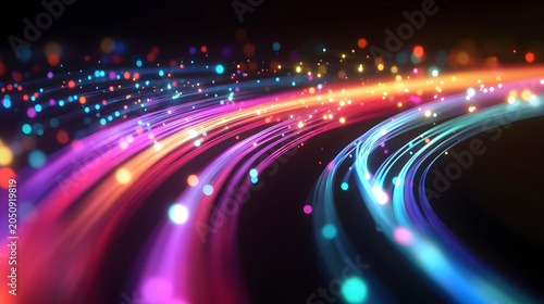 Abstract data transmission flow with vibrant neon light trails in dark futuristic setting